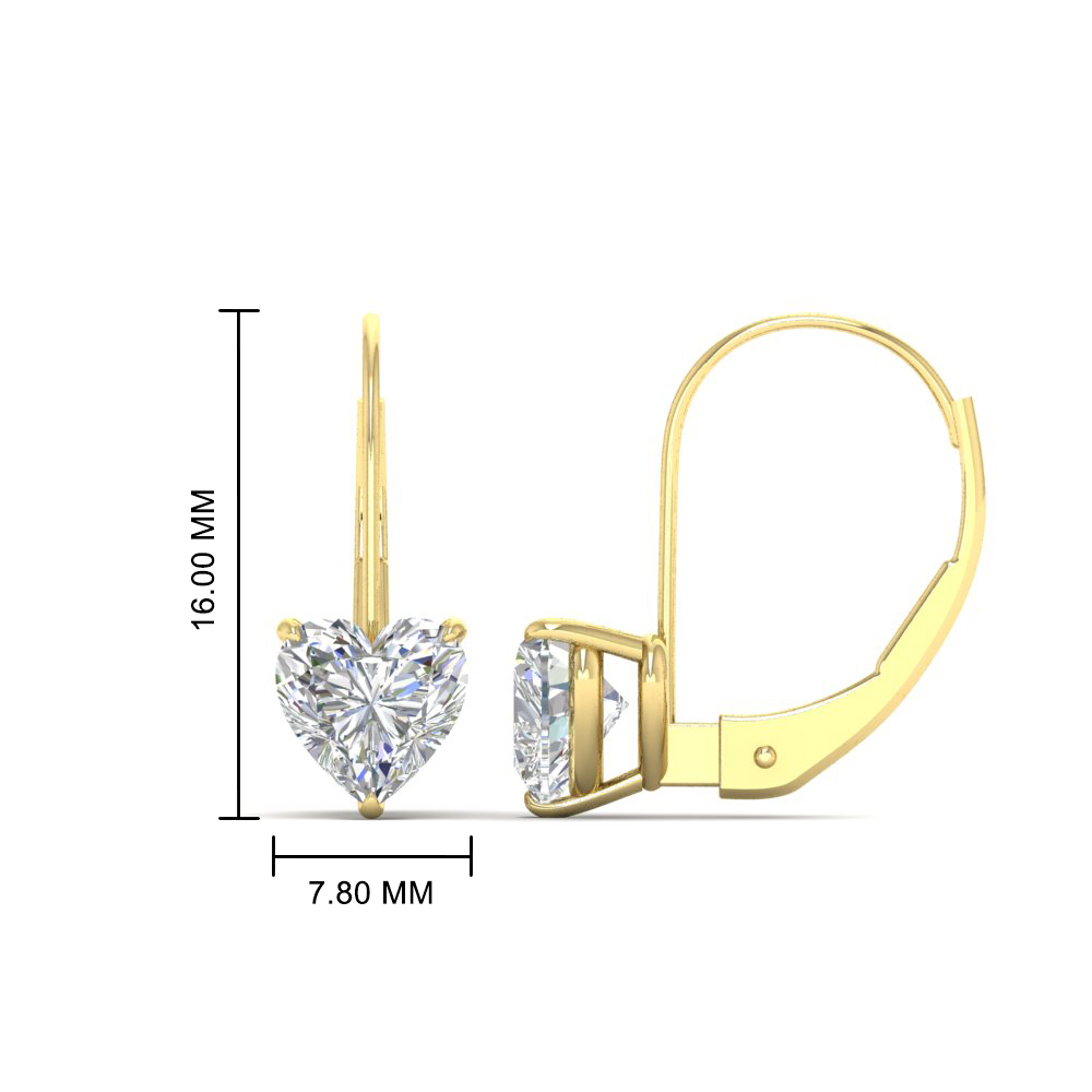 3 Carat Heart Stud Lever Back Earring with 14K Yellow Gold White Diamond